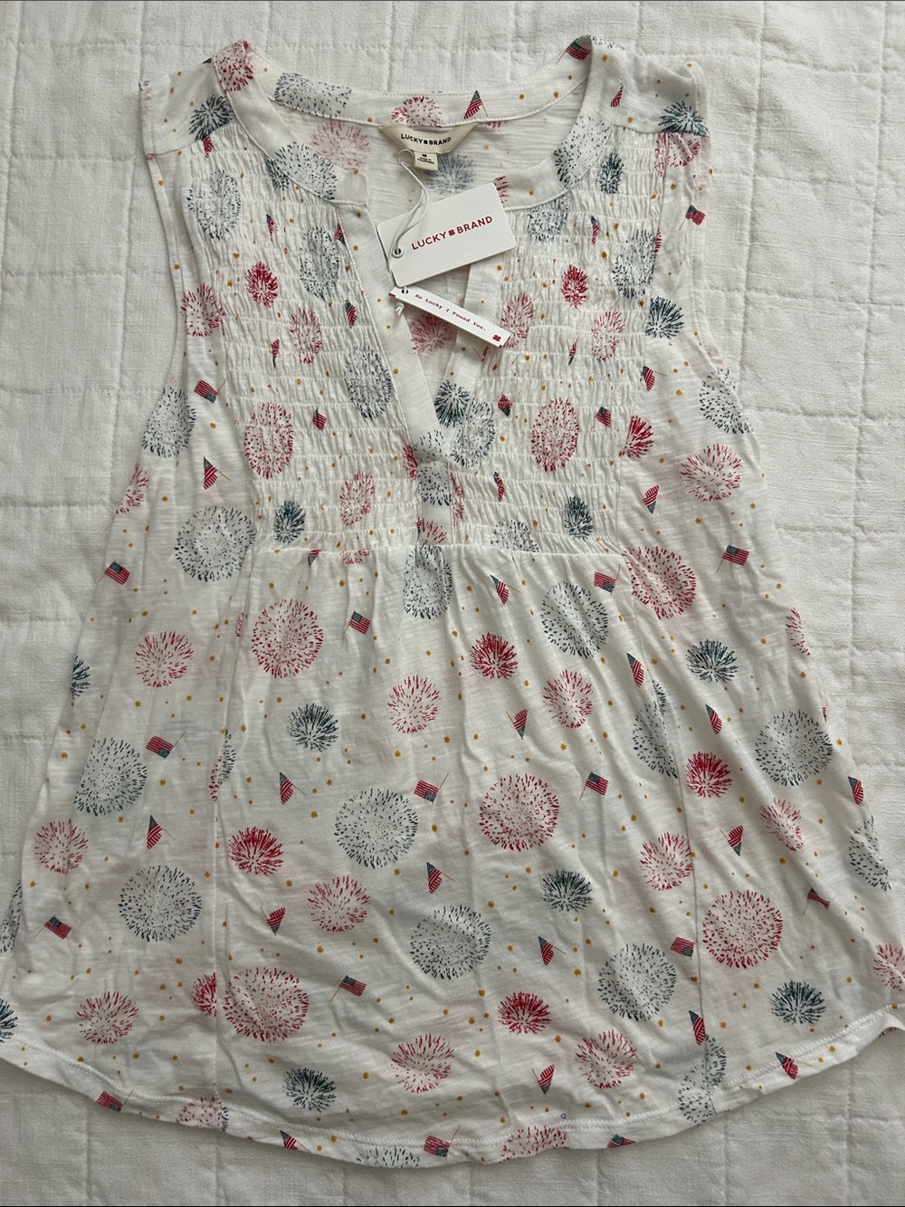 Lucky Brand White Tank with Red, Blue and Gold Print with American Flags